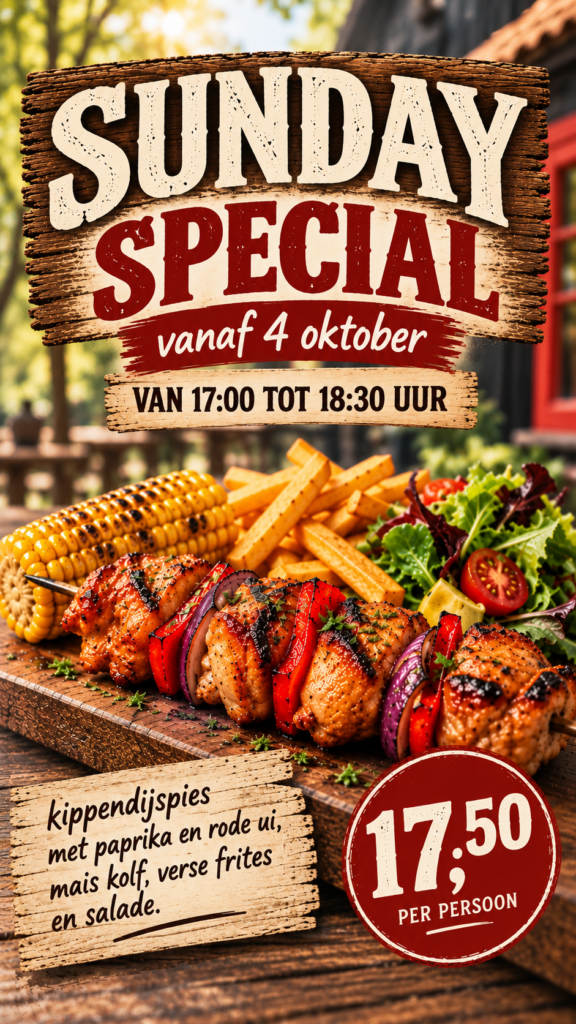 Zondagspecial: gegrilde kippendijenspies met maiskolf en friet